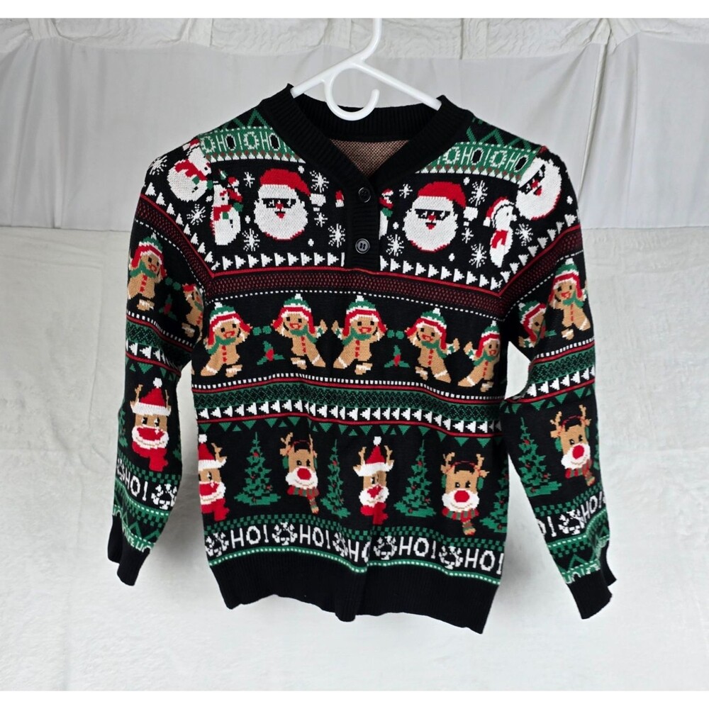 Holiday Christmas Sweater Girls Size 10T Black Knit Santa Reindeer Pullover